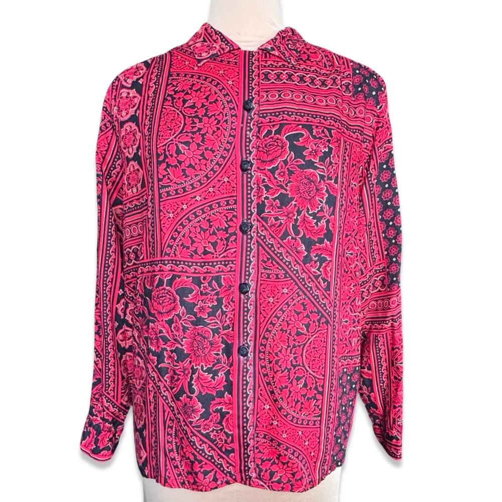 Vintage 90s Koret Red Black Patchwork Floral Button Front Blouse Artsy Eclectic